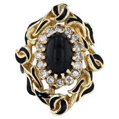 Gracefully crafted from 18 karat yellow gold, this oval black onyx estate ring emanates opulence. It includes 16 single-cut diamonds. Accented with a sleek black enamel finish, crafted circa 1960's, this extraordinary piece is sure to turn heads. Size 5.25. -Oval Black Onyx, Diamond and Enamel Yellow Gold -Estate Ring -18kt. Yellow Gold -16pcs Single Cut diamonds -Diamonds: Est. 0.33ct G/H SI TW -Oval Black Onyx -Black Enamel -Circa 1960's -Size 5.25 Estate Rings, David Webb, G H, Black Enamel, Yellow Gold Rings, Cocktail Rings, Black Onyx, Tourmaline, Onyx