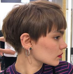 1980s Pixie Haircut, Pixie 360 Undercut, Pixie With Long Sideburns, Womens Wedge Haircut, Pixie Haircut Before And After, Very Thick Short Hair, Nape Length Hair, Really Short Bob With Bangs, Tiny Bob Haircut