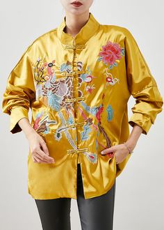 Chinese Style Yellow Embroidered Silk Jackets SpringFabric: Silk BlendedSize & Fit: Fit: This garment fits true to size.Length: Size M measures 25.35"from shoulder to hemBust: Great for any cup size. Waist: Loose Fit. Comfortable room throughout midsection.Hip: Loose Fit - room for hips. Hand Wash Cold. Yellow Embroidered Spring Outerwear, Fitted Yellow Embroidered Art Silk Fabric, Fitted Yellow Art Silk Embroidered Fabric, Embroidered Long Sleeve Silk Outerwear, Spring Embroidered Silk Kimono, Silk Jacket, Comfortable Room, Embroidered Silk, Cup Size