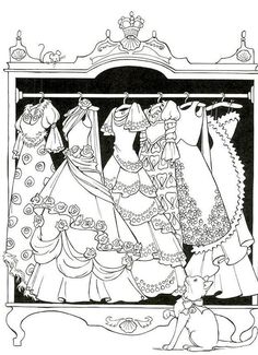 a black and white drawing of three dresses hanging on a clothes rack with a cat sitting next to it