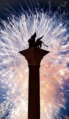 fireworks in the sky behind a statue with a cat on top and a person sitting on it