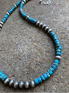 Sterling Silver Turquoise W Navajo Pearls Bead Necklace. 18 inch Southwestern Turquoise Necklace With Spacer Beads, Southwestern Turquoise Necklace With Silver Beads, Southwestern Turquoise Necklace With Round Beads, Handmade Western Turquoise Beaded Necklaces, Handmade Turquoise Beaded Necklace In Western Style, Handmade Western Turquoise Beaded Necklace, Southwestern Style Turquoise Necklace With Round Beads, Handmade Western Style Turquoise Beaded Necklaces, Handmade Western Blue Beaded Necklaces