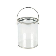 a clear plastic bucket with a metal handle on a white background, the container is empty and ready to be used