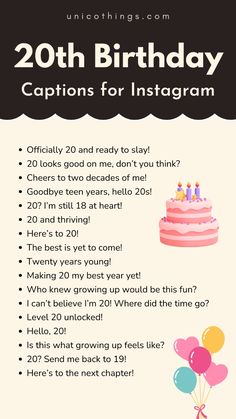 a birthday card with the words 20th birthday captions for instagram