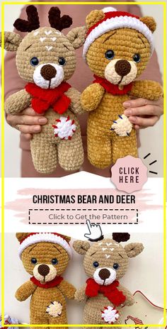 two crocheted teddy bears wearing christmas hats and scarves, one is brown and the other is tan