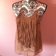 Nwt Light Brown Tassel Blouse/ Top Chic Fringe Beach Tops, Summer Day Out Brown Blouse, Brown Summer Blouse, Casual Camel Tops For Spring, Casual Fringe Beach Blouse, Casual Beach Blouse With Fringe, Bohemian Brown Blouse For Day Out, Casual Fringe Blouse For The Beach, Beige Sleeveless Fringe Top