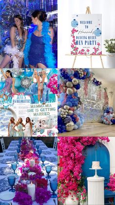 a collage of different pictures with people dressed in blue and pink, including flowers