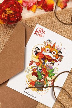 a greeting card with an image of a fox on it and flowers in the background