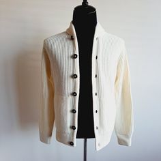 Brand New With Tag White Button Sweater For Work, White Workwear Sweater With Buttons, White Button-down Sweater For Work, White Buttoned Workwear Sweater, Classic Winter White Cardigan For Work, White Winter Cardigan With Button Closure, Classic Long Sleeve Winter White Cardigan, White Cotton Cardigan With Button Closure, White Cotton Cardigan For Work