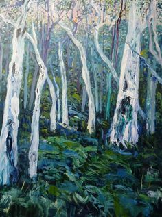 an oil painting of white trees in the woods with green grass and blue sky behind them