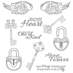 a set of stamps with the words you hold my heart, one of kind and two locks