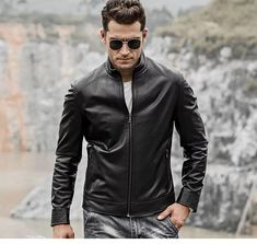 Introducing the Men's Genuine Lambskin Leather Motorcycle Jacket with Zipper Closure in classic black. This jacket is crafted for those who appreciate both style and functionality, making it a perfect addition to any wardrobe. The jacket features a stand collar and a regular clothing length, providing a sleek and polished look. Designed with a zipper closure, it offers easy wear and a secure fit. The jacket is made from high-quality genuine lambskin leather, ensuring durability and a luxurious f Racer Jacket Men, Black Leather Racer Jacket, Leather Racer Jacket, Mens Leather Blazer, Fitted Biker Jacket, Black Leather Jacket Men, Racer Motorcycle, Cafe Racer Jacket, Best Leather Jackets