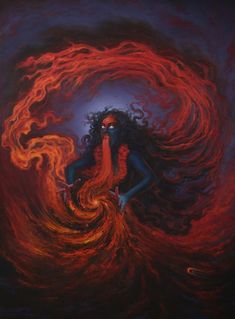 a painting of a woman with fire in her hair and body, surrounded by flames