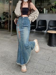 Lasaky - Vintage Denim Midi Skirt with Frayed Hem, Tie Waist, High Waist and Mermaid Tail Mermaid Skirts, Short Dresses Party, Crop Top Jacket, Womens Denim Skirts, Korean Streetwear, Trumpet Skirt, Party Skirt, Winter Skirt, Elegant Skirt