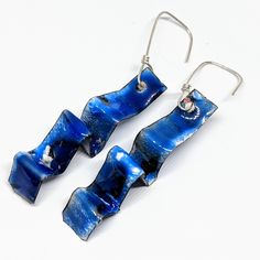 These Handcrafted Statement Earrings Are Made Of Copper With Layers Of Lead-Free Vitreous Enamel With A Kiln Firing After Each. They Are Have Accordion Folds And Are About 3" Long. They Have Sterling Silver Ear Wires. One Of A Kind And Brand New Without Tags Blue Enamel Dangle Jewelry, Cadmium-free Blue Earrings As Gift, Blue Metal Drop Earrings, Unique Blue Drop Earrings, Unique Blue Metal Earrings, Blue Metal Earrings For Gift, Modern Blue Metal Earrings, Blue Soldered Dangle Jewelry, Blue Cadmium-free Drop Earrings