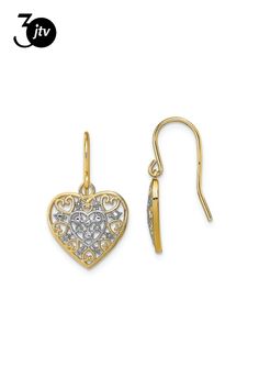 14K Two-tone Gold polished filigree hearts dangle earrings. Measure approximately 13/16"L x 1/2"W and have french wire closure. Heart Dangle Earrings, French Wire, Gold Polish, Two Tone, Dangle Earrings, Gold