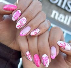 Valentines Nails With Bow, Pink Nails With Bow Design, Summer Gel Nails Ideas 2024 Short, Lilly Pulitzer Nails, Girly Christmas Nails, Pink Bow Nails, Girly Nails