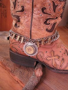 12 Gauge Shotshell Concho Medallion Multi-Chain Boot Bracelet-SureShot Jewelry Bullet Designs, Cowboy Hat Bands, Shoe Makeover, Boot Bracelet, Bullet Jewelry, Shotgun Shell, Boot Jewelry, 12 Gauge, Upcycled Jewelry