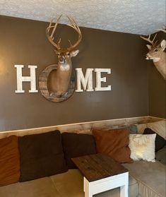 a living room with deer heads mounted on the wall and couches in front of it