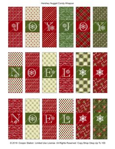 twelve christmas cards with the letter j on them, all decorated in red and green