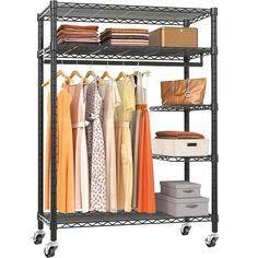 a metal shelving unit with clothes and bags on it's wheels, holding various items