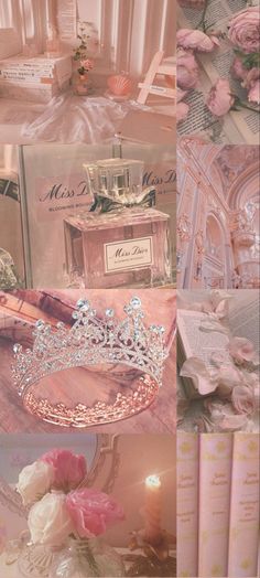 a collage of pink and white items including a tiara, perfume bottle, roses and candles