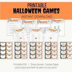 printable halloween games for kids to play in the classroom or at home with text overlay that reads printable halloween games instant