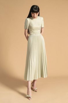 Linnea Short Sleeves Dress MEAN BLVD Trashion Ideas, Pleated Skirt Design, Short Sleeves Dress, Taffeta Dress, Edgy Chic, Round Neck Dresses, Pleated Fabric, Sleeves Dress, Mass Production