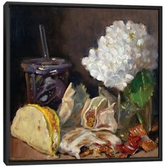 a painting of food and flowers on a table