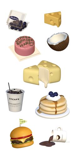 various types of cheeses and pastries are arranged in the shape of a collage