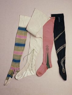 A Variety of Stockings, 1660-1900 18th Century Shoes, England Women, Century Shoes, 18th Century Dress, 18th Century Clothing, Silk Stockings, 18th Century Fashion, Century Clothing, Woven Fabrics