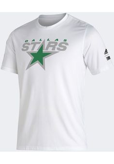 Keep cool while showing your Dallas Stars spirit in this White Reverse Retro T Shirt. This Short Sleeve is the perfect Tee for working out, heading to class, or cheering on the Stars. Featuring a lightweight material with a crew neckline and screen printed team graphics, there's no mistaking your Dallas Stars pride in this Stars Reverse Retro T Shirt! Soft feel, Athletic fit, Ribbed collar, Unisex, Screen printed team graphic on center chest, Iconic Adidas logo on lower right side, Fit: True to Adidas Graphic Print T-shirt For Sports Events, White Adidas T-shirt For Sports Events, Adidas White T-shirt For Sports Season, Adidas White T-shirt For Sports, Collegiate White Crew Neck T-shirt, White Star Logo Top For Streetwear, White Tops With Star Logo For Streetwear, White Adidas T-shirt, White Crew T-shirt With Team Spirit Style