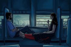 a man and woman sitting on a train looking out the window