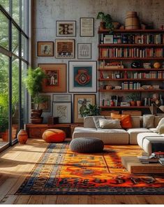 a living room filled with lots of furniture and bookshelves covered in pictures on the wall