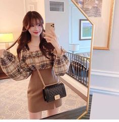 Korean Clothes, Pastel Fashion, Chiffon Fashion, Plaid Top, Fancy Outfits, Plaid Tops, Korean Outfits