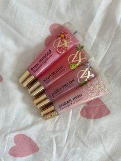 Coquette Lip Products, Lipgloss Coquette, 2000s Lip Gloss Aesthetic, Early 2000s Lipgloss, Victoria Secret Lip Gloss Set, Pink Mimosa, Kylie Jenner Lipstick