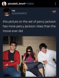 two people sitting next to each other on a chair with the caption that reads, this picture on the set of percy jackson has more person vibes than the movie ever did