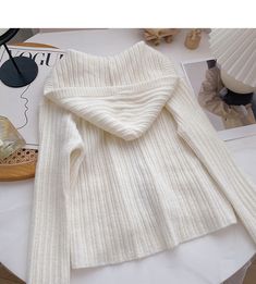 Style: commuting Size: one size Color: black, white Trendy White Sweater Coat, Hooded Ribbed Winter Outerwear, Ribbed Hooded Outerwear For Winter, Hooded Ribbed Outerwear For Winter, Chic White Ribbed Outerwear, Trendy White Ribbed Outerwear, White Stretch Cozy Outerwear, Oversized White Ribbed Outerwear, Knitted Coat