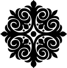 an abstract black and white design with swirls on the center, as well as leaves