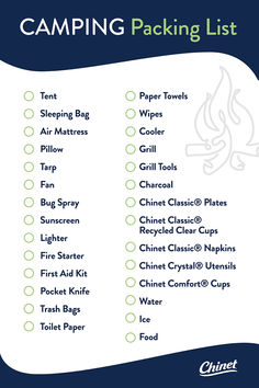 the camping packing list is shown in blue and white with green trimmings on it