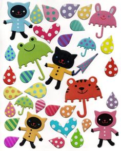 an assortment of stickers with cats, umbrellas and polka dot designs on them