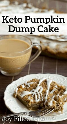 keto pumpkin dump cake on a plate with a fork and cup of coffee in the background