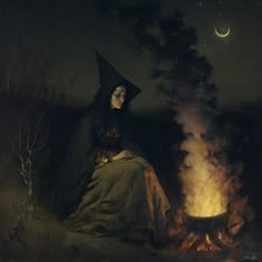 a painting of a woman sitting next to a fire