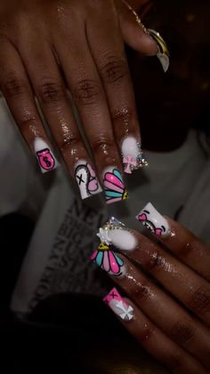 Baddie Nails Christmas, Fancy Long Nails, Over Lay Nail Designs, Square Nails Birthday, Birthday Nails With Rhinestones, Nails Acrylic Designs Unique, Baddie Nails Square, Summer Nails Black Women, Baddie Nails Ideas