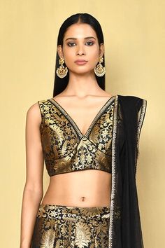 Black banarasi brocade lehenga with an attached cancan and floral pattern. Comes with a sequins and lace embroidered padded blouse and a dupatta. - Aza Fashions Brocade Pre-draped Saree For Reception And Festivals, Festive Brocade Pre-draped Saree For Receptions, Fitted Brocade Pre-draped Saree With Zari Work, Elegant Designer Brocade Pre-draped Saree, Zari Weaving Choli For Reception, Fitted Brocade Pre-draped Saree With Pallu, Fitted Pre-draped Brocade Saree With Pallu, Brocade Blouse Piece For Diwali Reception, Elegant Brocade Sharara With Unstitched Blouse