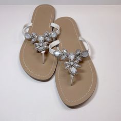 Rhinestone Flat, Flip Flop, Jeweled Sandals. Never Worn. Embellished Open Toe Flip Flops For Spring, White Embellished Sandals For Summer, Elegant Crystal Embellished Sandals For Vacation, Elegant Embellished Flip Flops For Vacation, Elegant White Toe Post Flip Flops, White Sandals With Rhinestones And Adjustable Fit, White Rhinestone Sandals For Vacation, White Rhinestone Sandals For Summer, Spring Embellished White Sandals