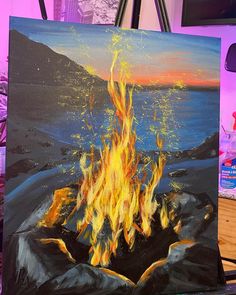 a painting of a fire burning in the ocean