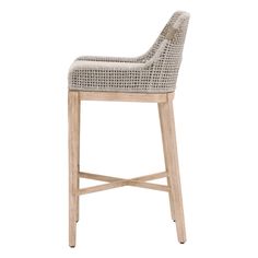 an upholstered bar stool with a wooden frame and wicker backrests