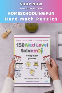 a person holding up a puzzle book with the words, home schooling fun hard math puzzles