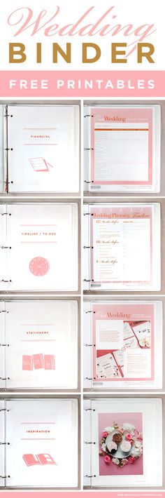 the wedding binder printables are shown in pink and white